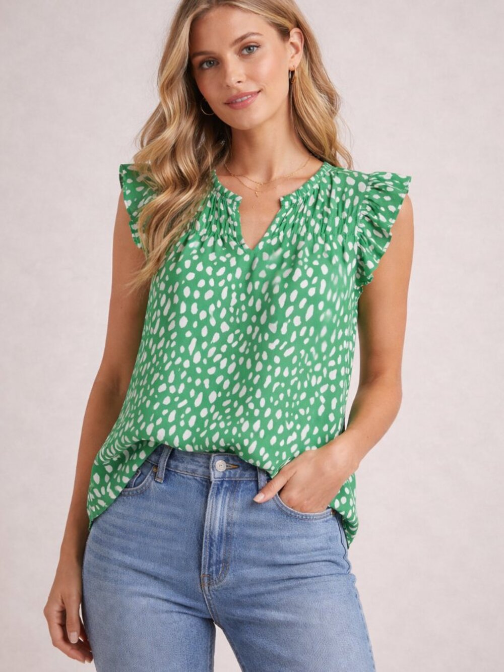 *Chic Green Blouse with White Pattern and Ruffle Sleeves